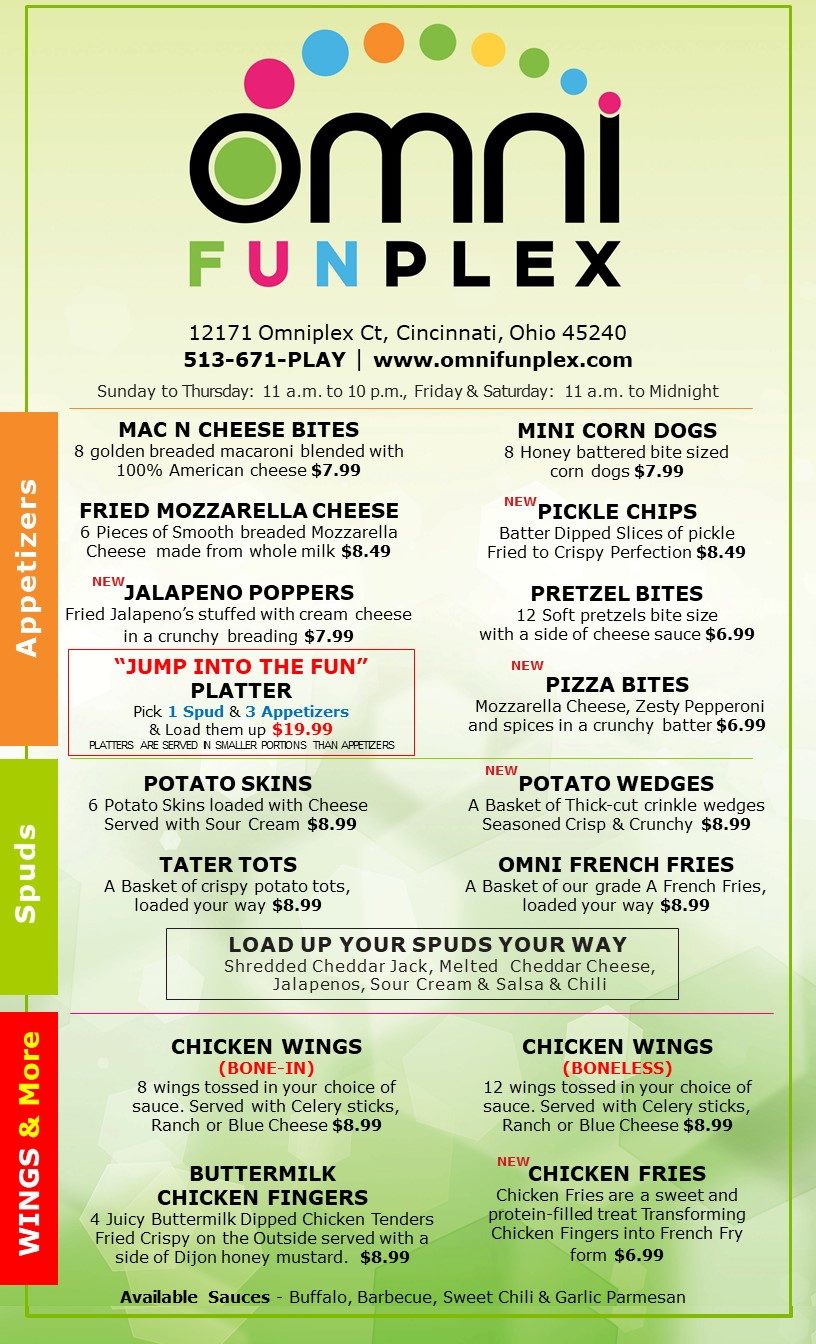 Take a look at the Omni Funplex bar and grill menu
